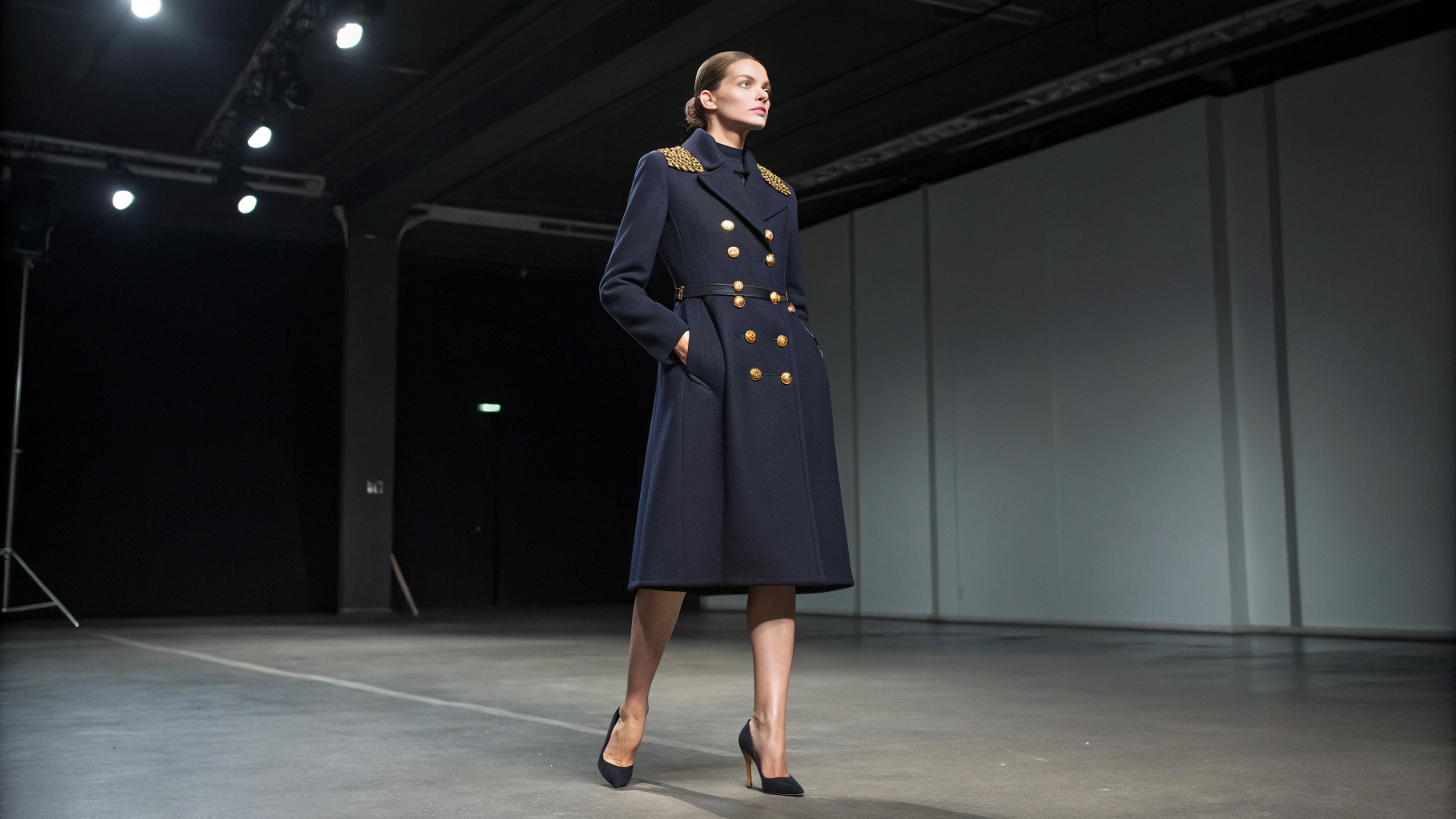 Editorial portrait of model wearing tailored luxury outerwear from BuyZap atelier collection