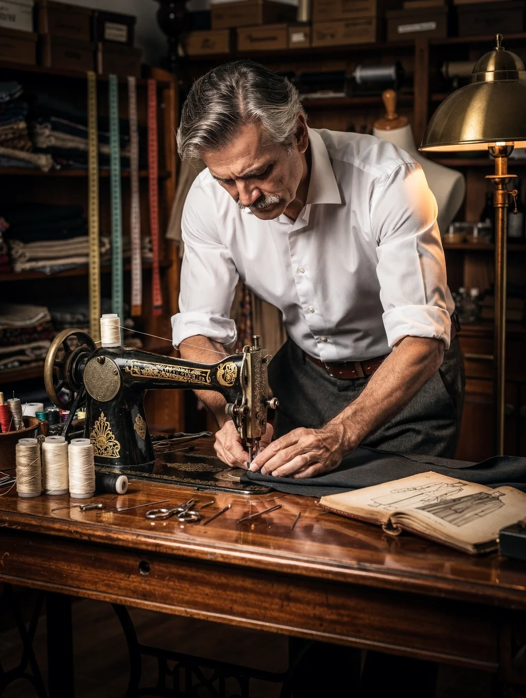 Atelier workspace with tailored garment patterns, fine fabric bolts, and design instruments