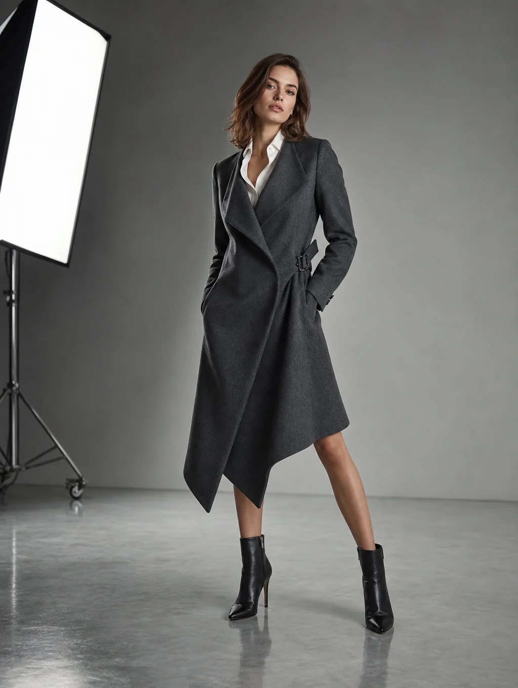 Editorial model posing in tailored luxury outfit and accessories